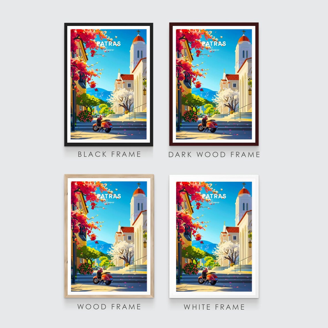 Patras Greece Church Street Red Scooter Spring Flower Travel Poster - Image 3