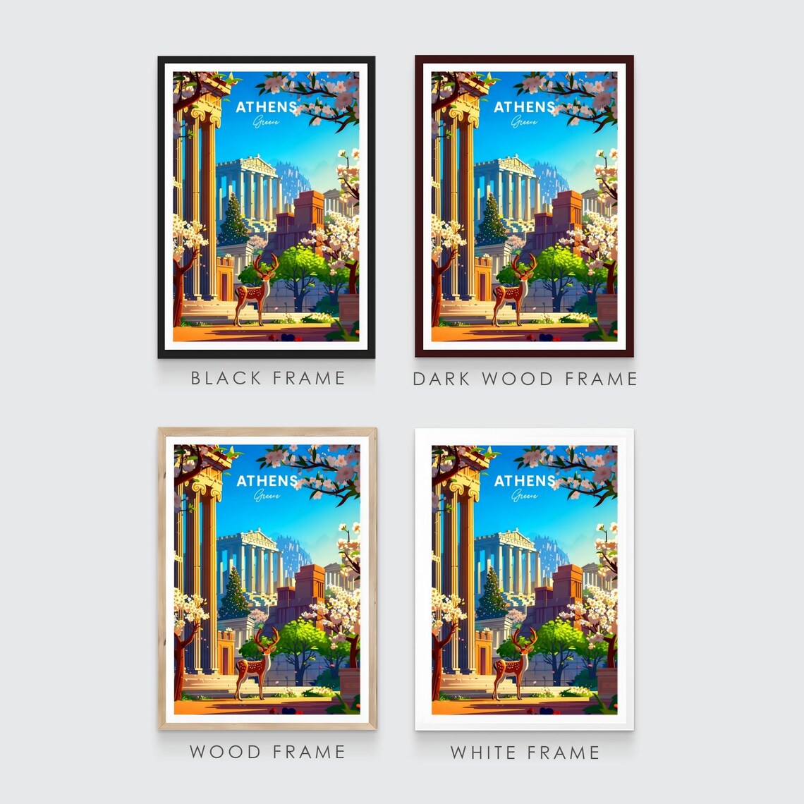 Athens Greece Parthenon Deer Spring Blossom Landmark Travel Poster - Image 3