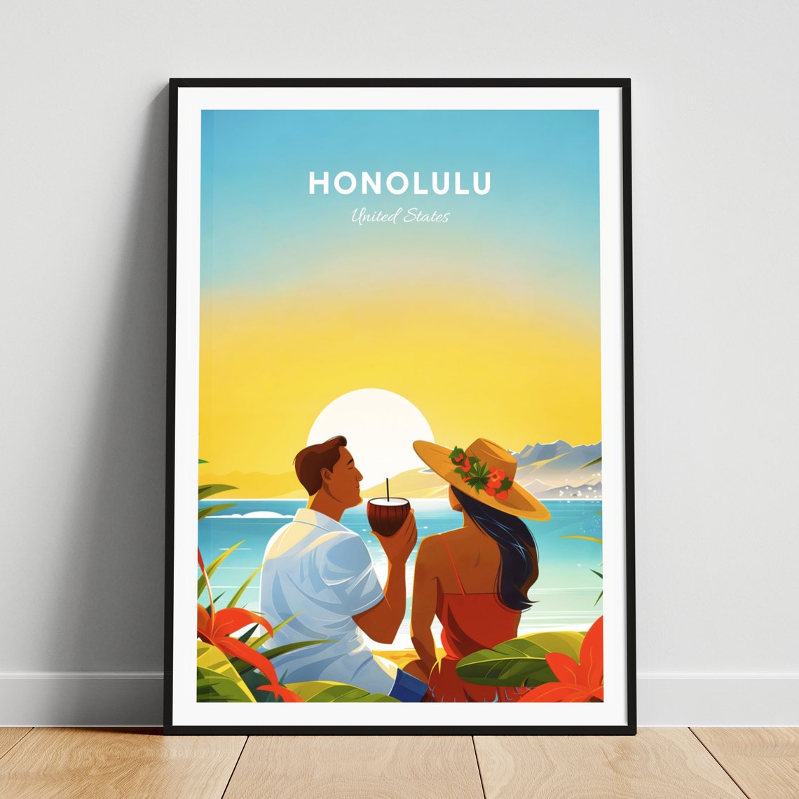Honolulu Beach Couple at Sunset Sharing a Coconut Drink Poster