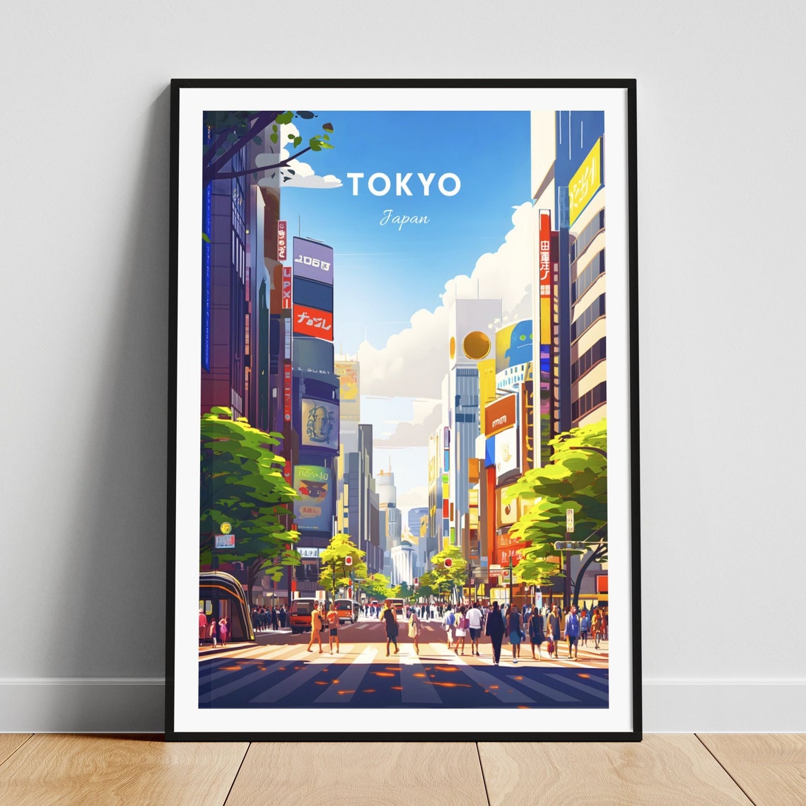 Tokyo Japan Neon Street Crowd Crossing Cityscape Illustration Poster