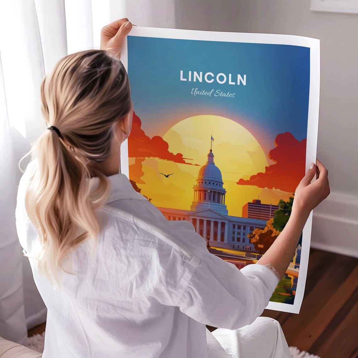 Lincoln United States Domed Capitol Building Sunset Reflection Poster - Image 3