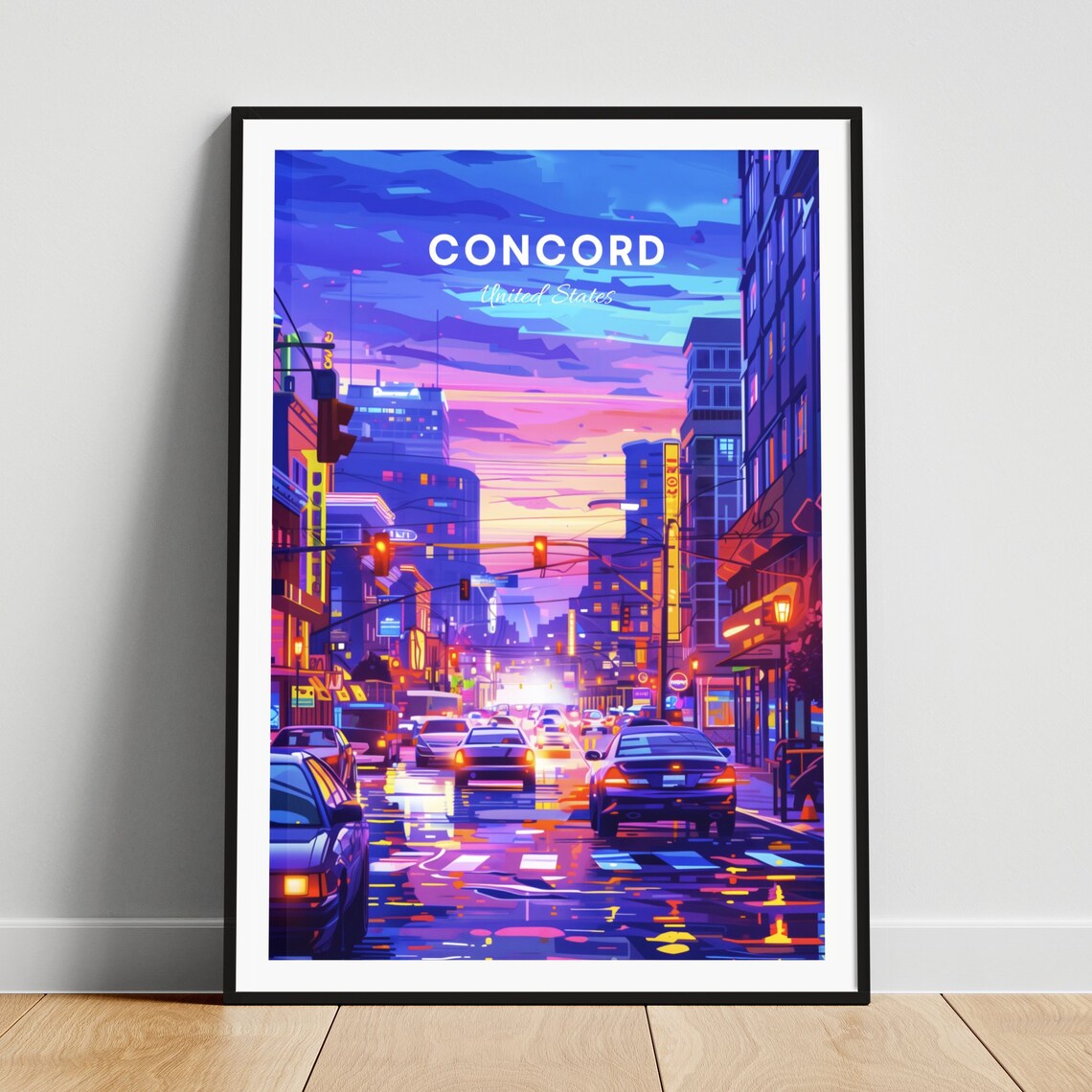 Concord New Hampshire Neon City Street Night Rain Travel Poster