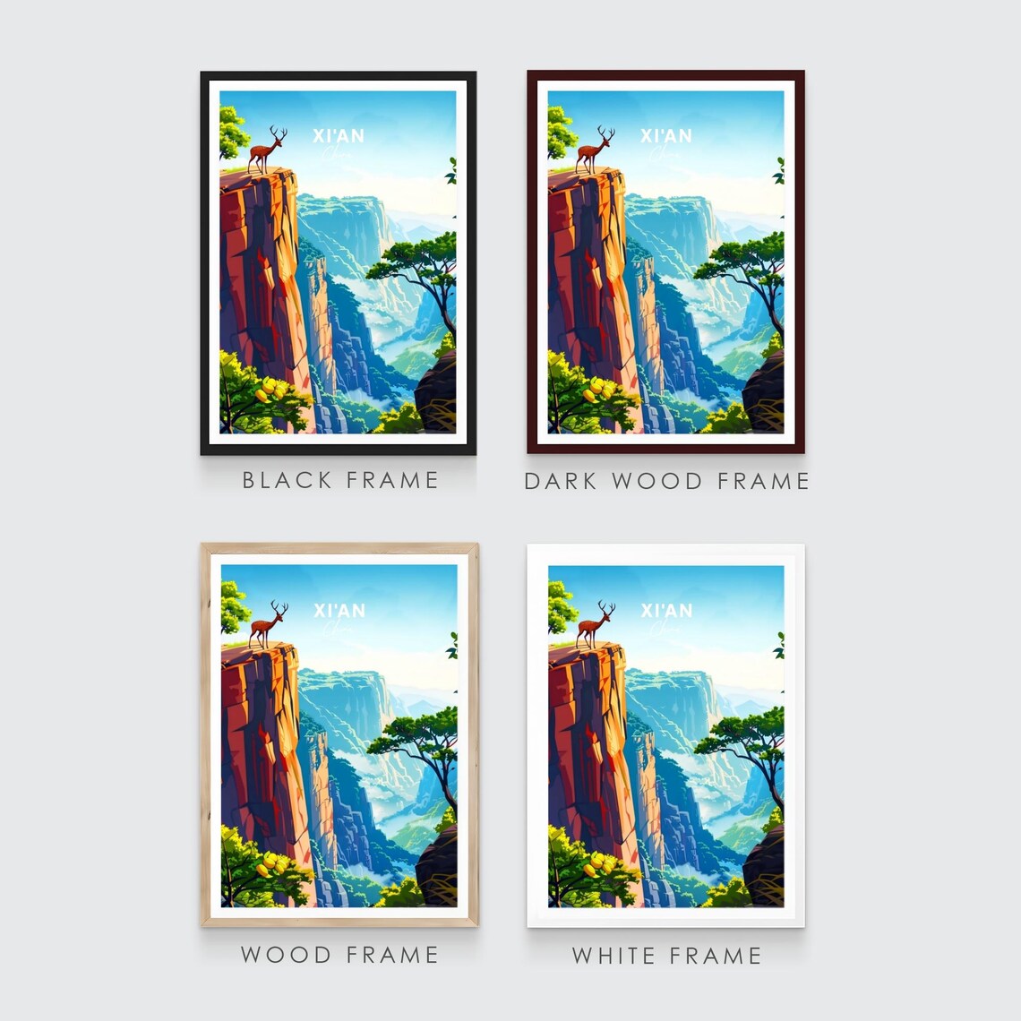 Xian China Cliff Top Deer Misty Mountain Vista Scenic Wildlife Poster - Image 3