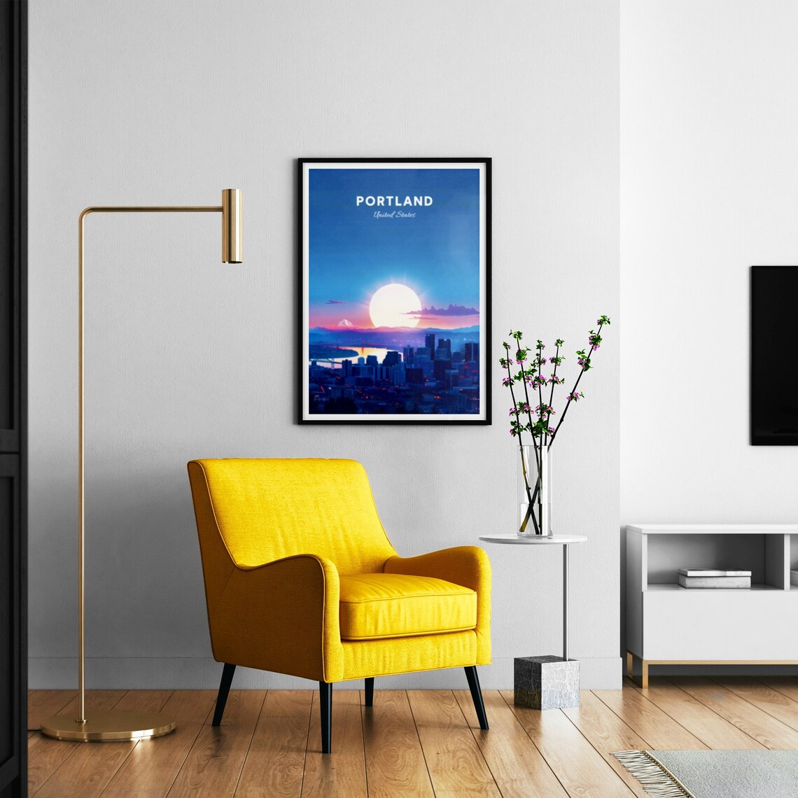 Portland Night Skyline with Mount Hood and Full Moon Travel Poster - Image 3
