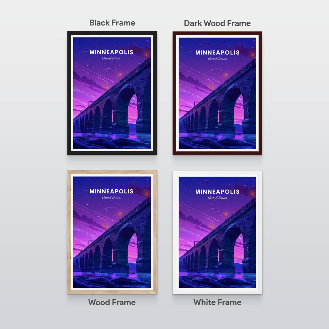 Minneapolis Minnesota Stone Arch Bridge Night Skyline Travel Poster - Image 2