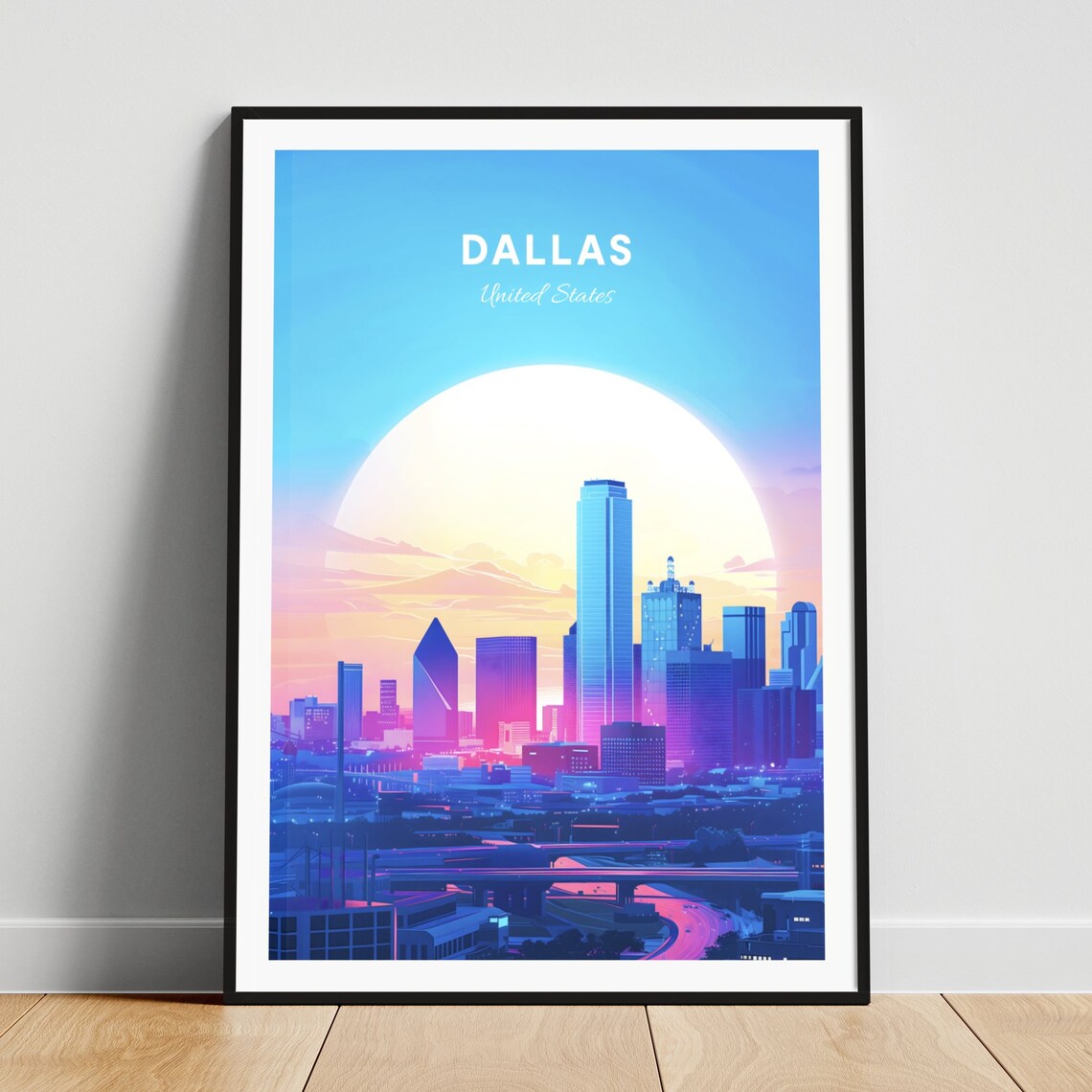 Dallas Skyline at Sunrise Behind a Giant Glowing Morning Sun Poster