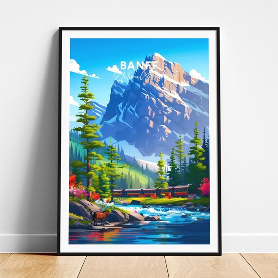 Banff National Park Canada Mountain Train River Scene Travel Poster