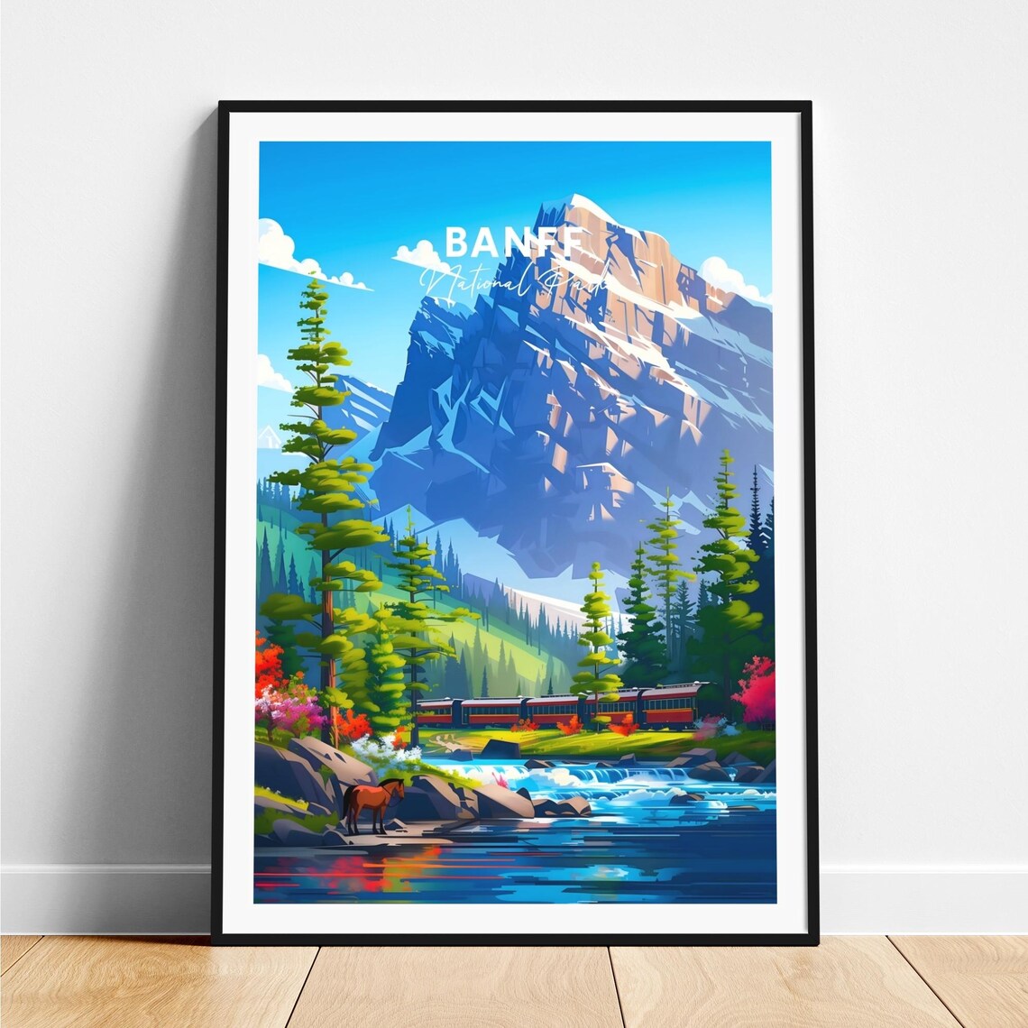 Banff National Park Canada Mountain Train River Scene Travel Poster