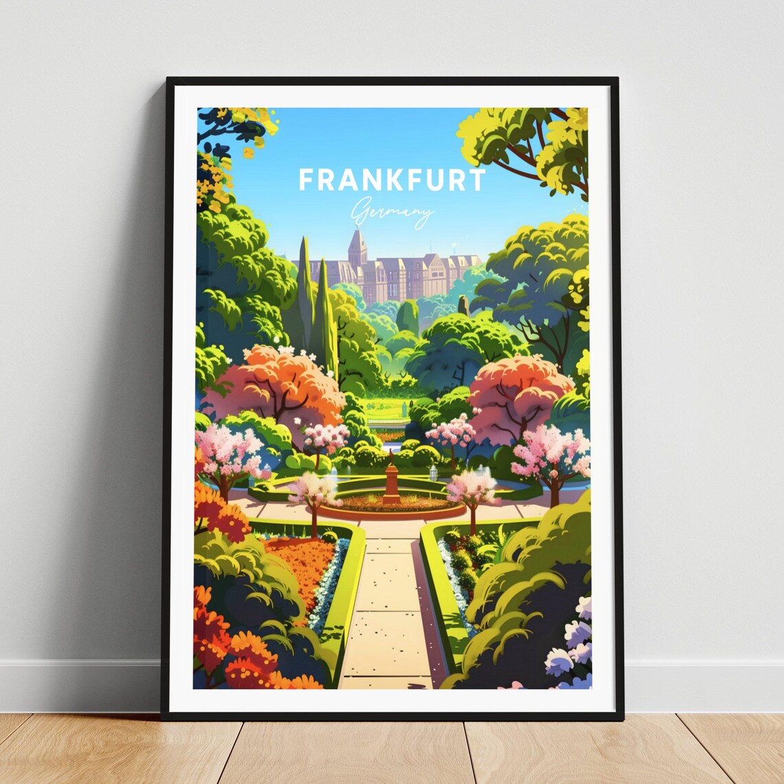 Frankfurt Germany Botanical Garden Blossom Park Vintage Travel Poster