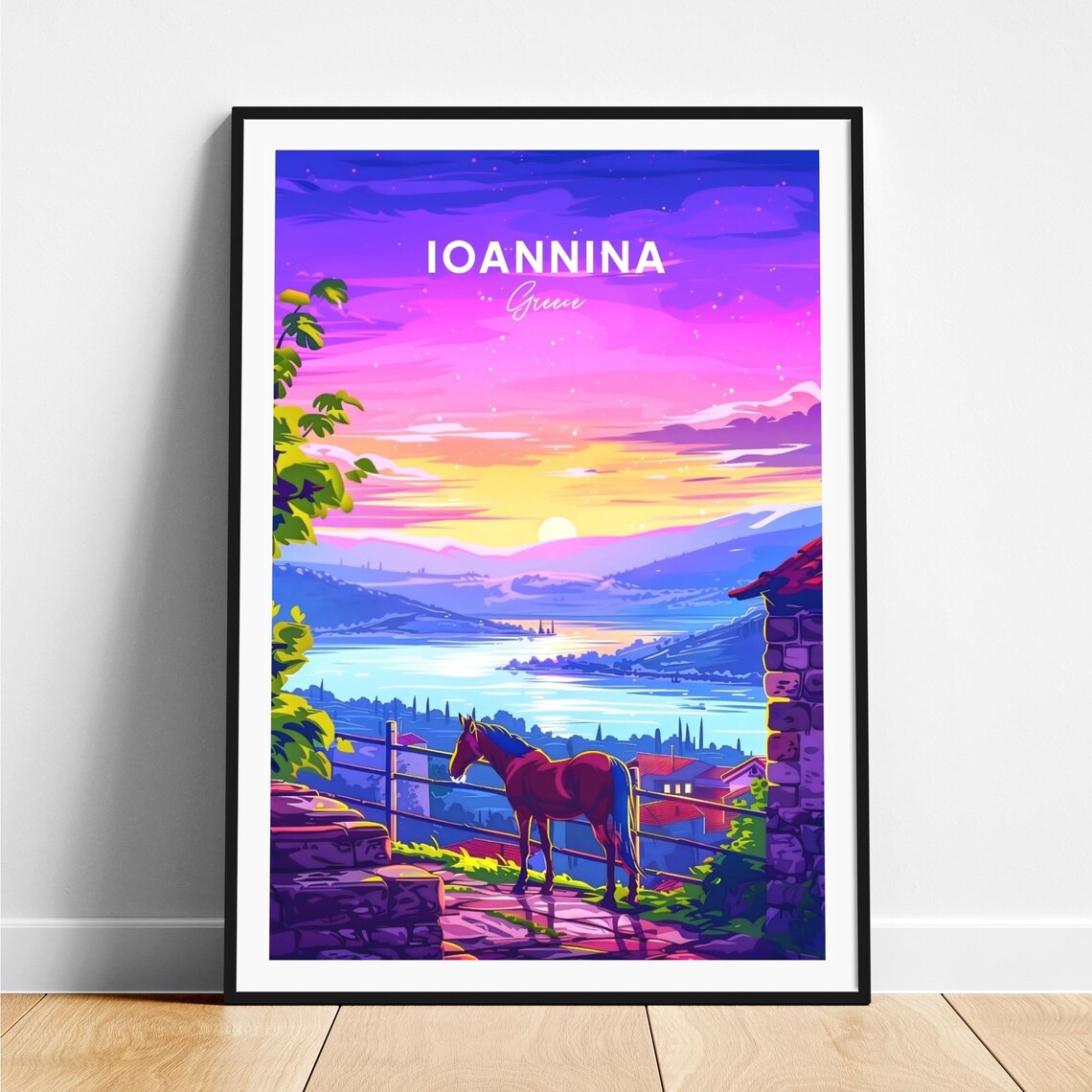 Ioannina Greece Horse Lake Sunset Purple Sky Scenic Travel Poster