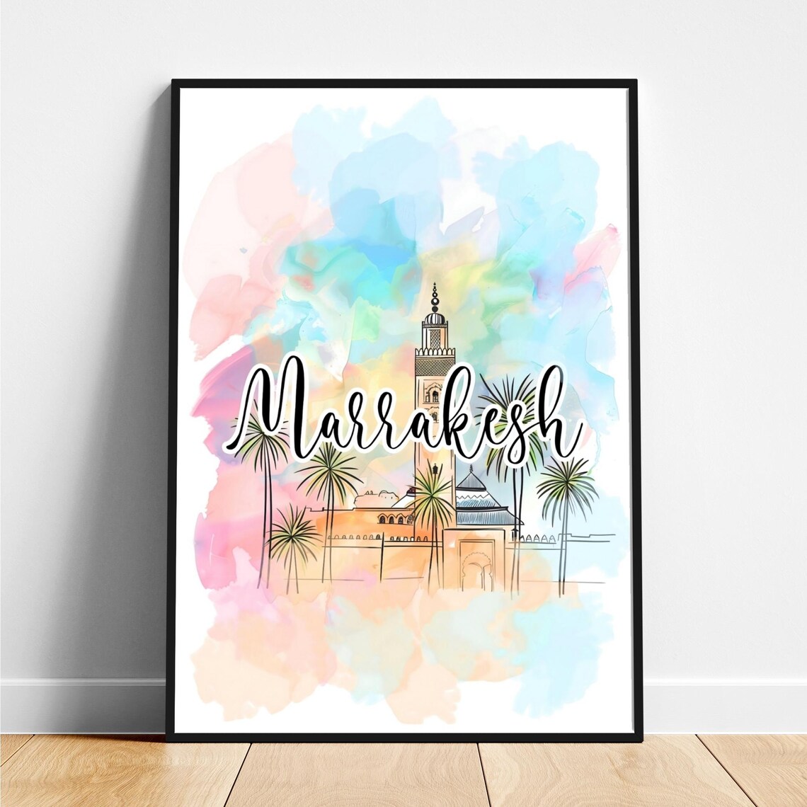Marrakesh Morocco Koutoubia Mosque Palm Watercolor Travel Poster