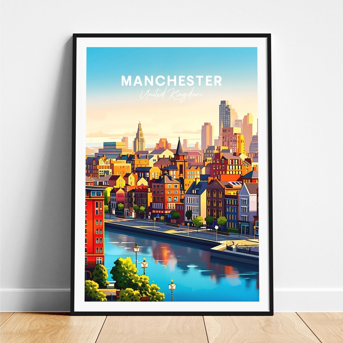Manchester England Riverside Old Town Sunset Evening Travel Poster