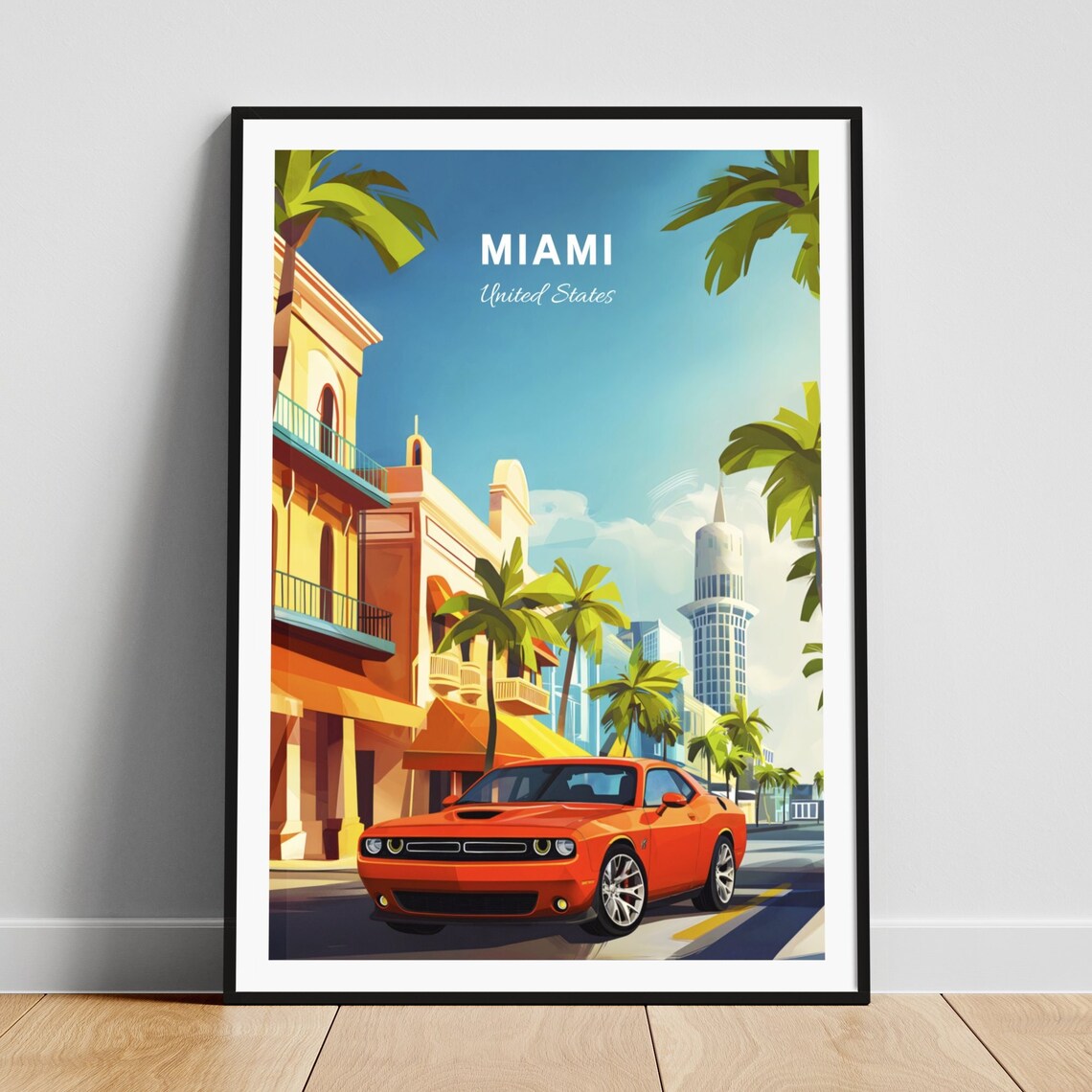 Miami United States Red Muscle Car Palm Street Skyline Travel Poster