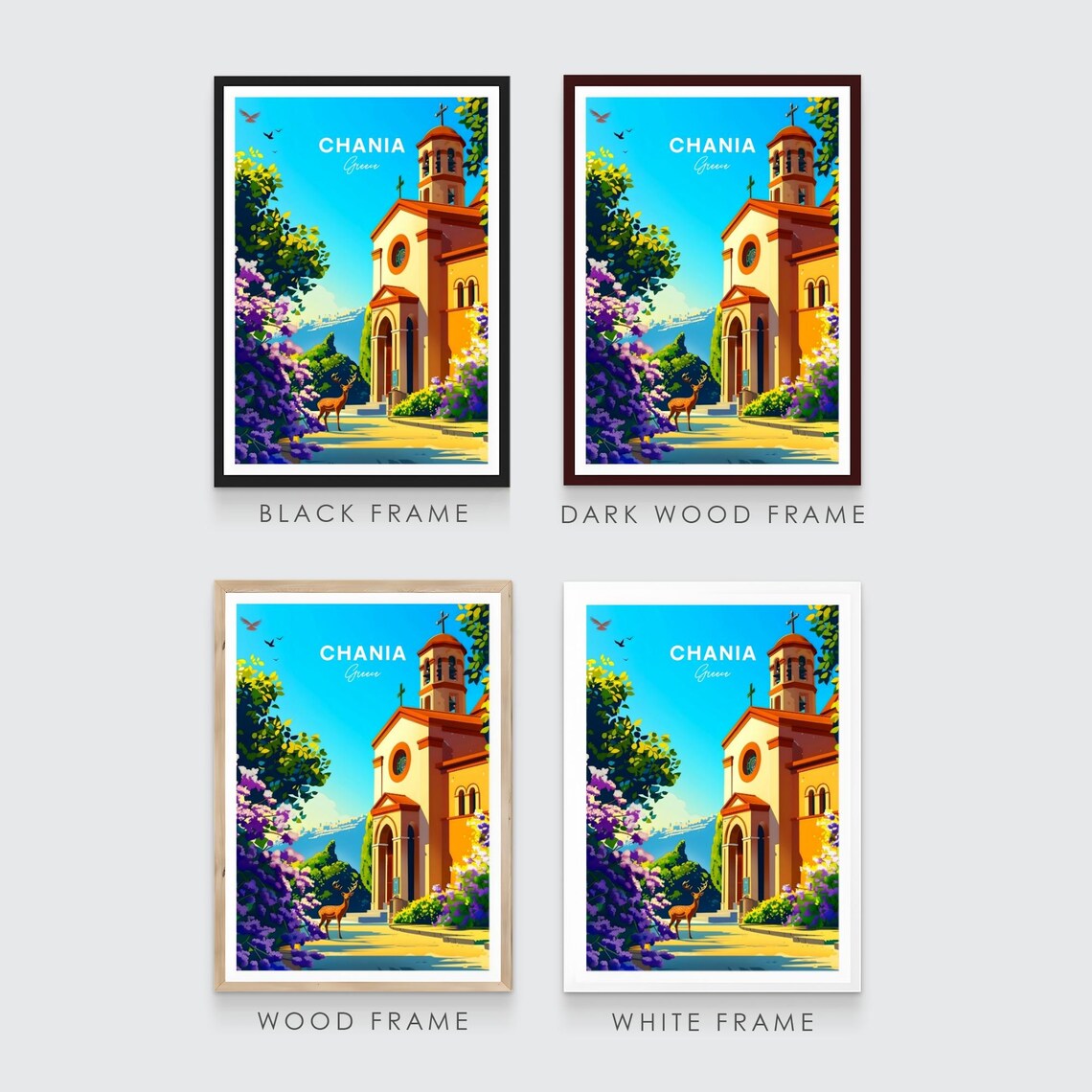 Chania Greece Church Deer Wisteria Bloom Garden Travel Poster - Image 3