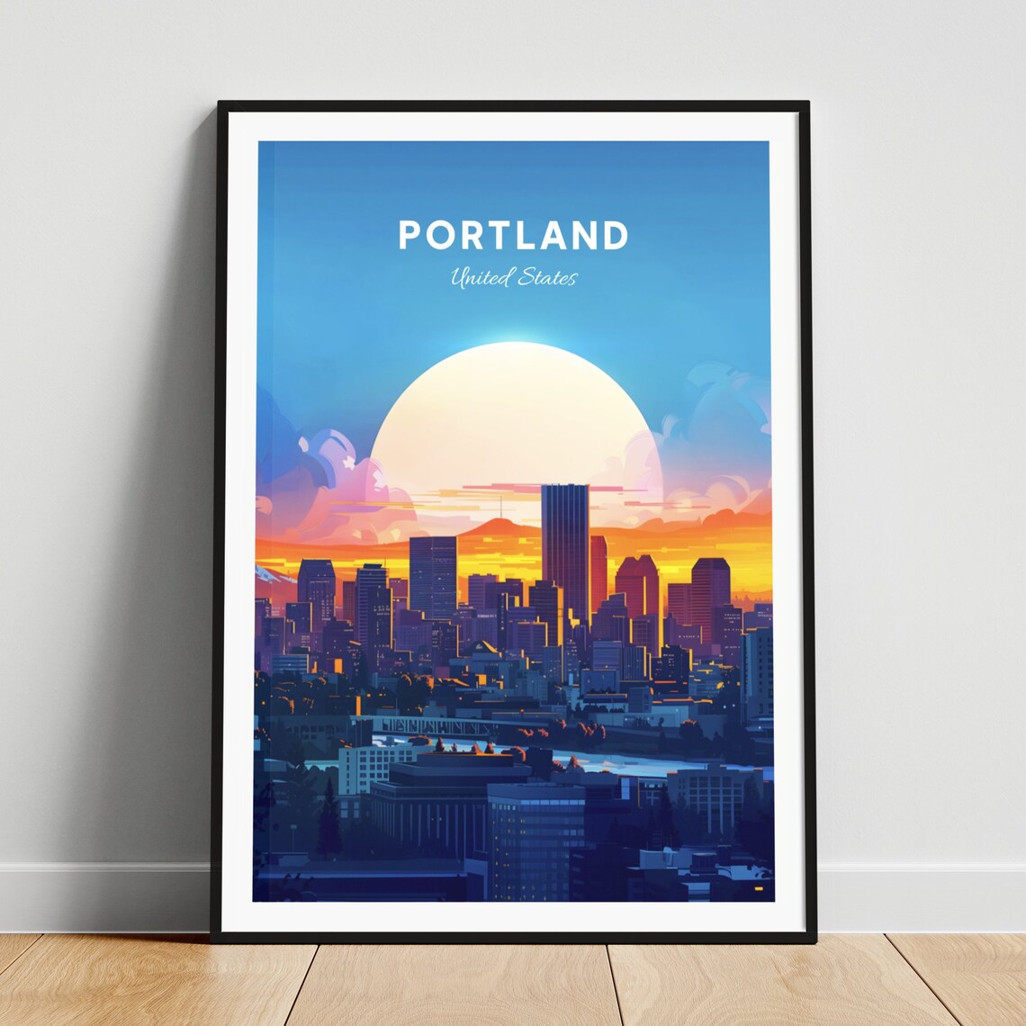 Portland Skyline at Sunset with Mount Hood Backdrop Travel Poster