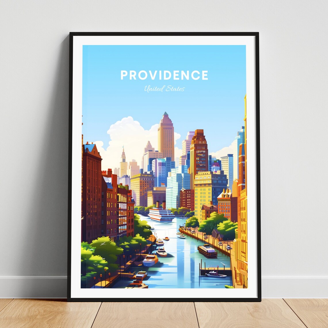 Providence Rhode Island River Boats Skyline Daytime Travel Poster