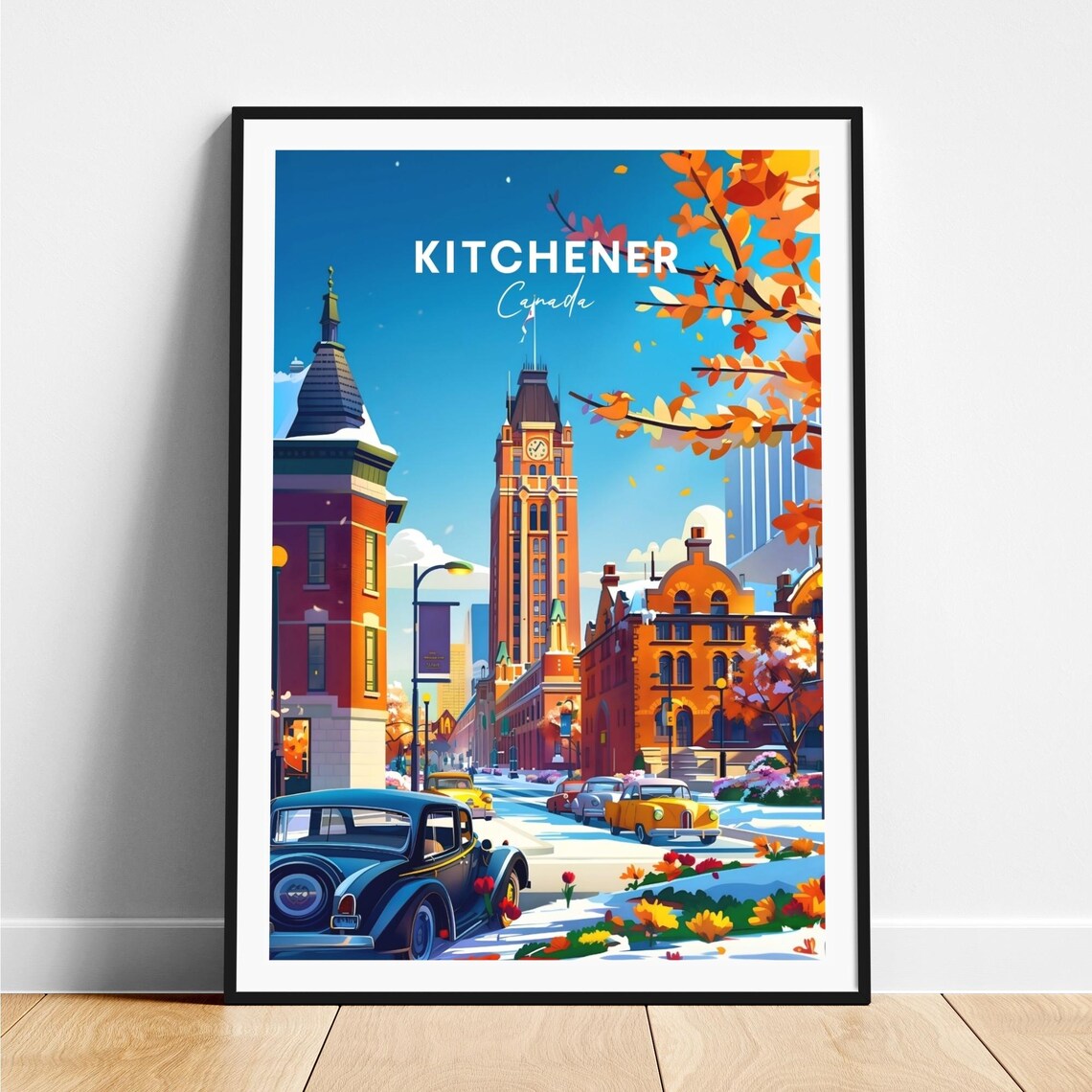 Kitchener Canada Winter Clock Tower Vintage Cars Street Poster