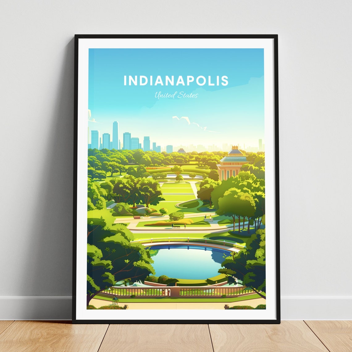 Indianapolis Park Pond Green Space Modern Illustrated Travel Poster