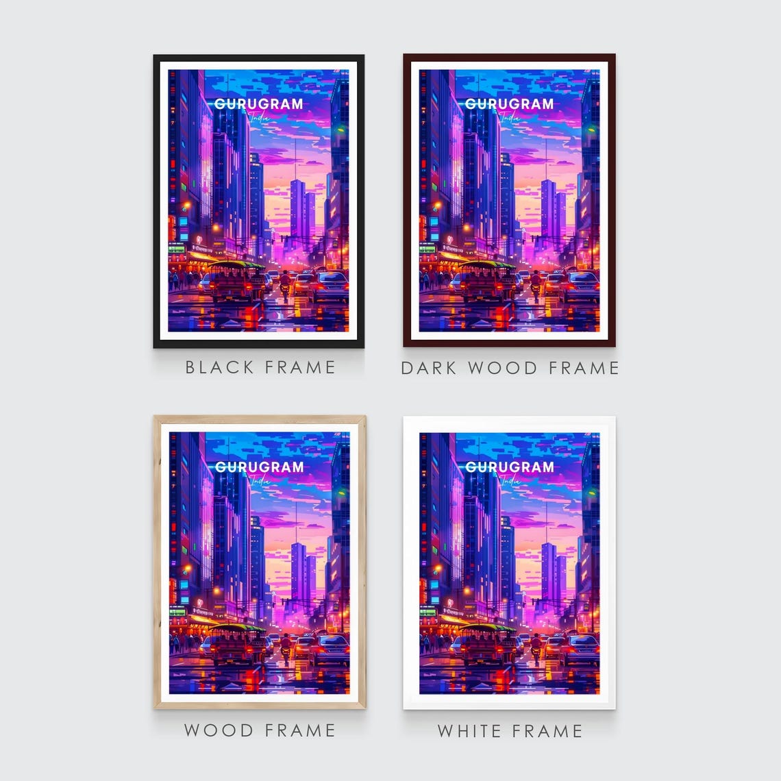 Gurugram India Glowing Neon Skyscrapers at Night Travel Poster - Image 3