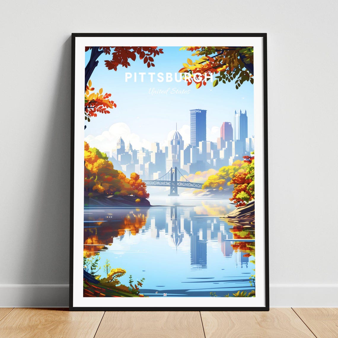 Pittsburgh United States Autumn River Reflection Travel Poster