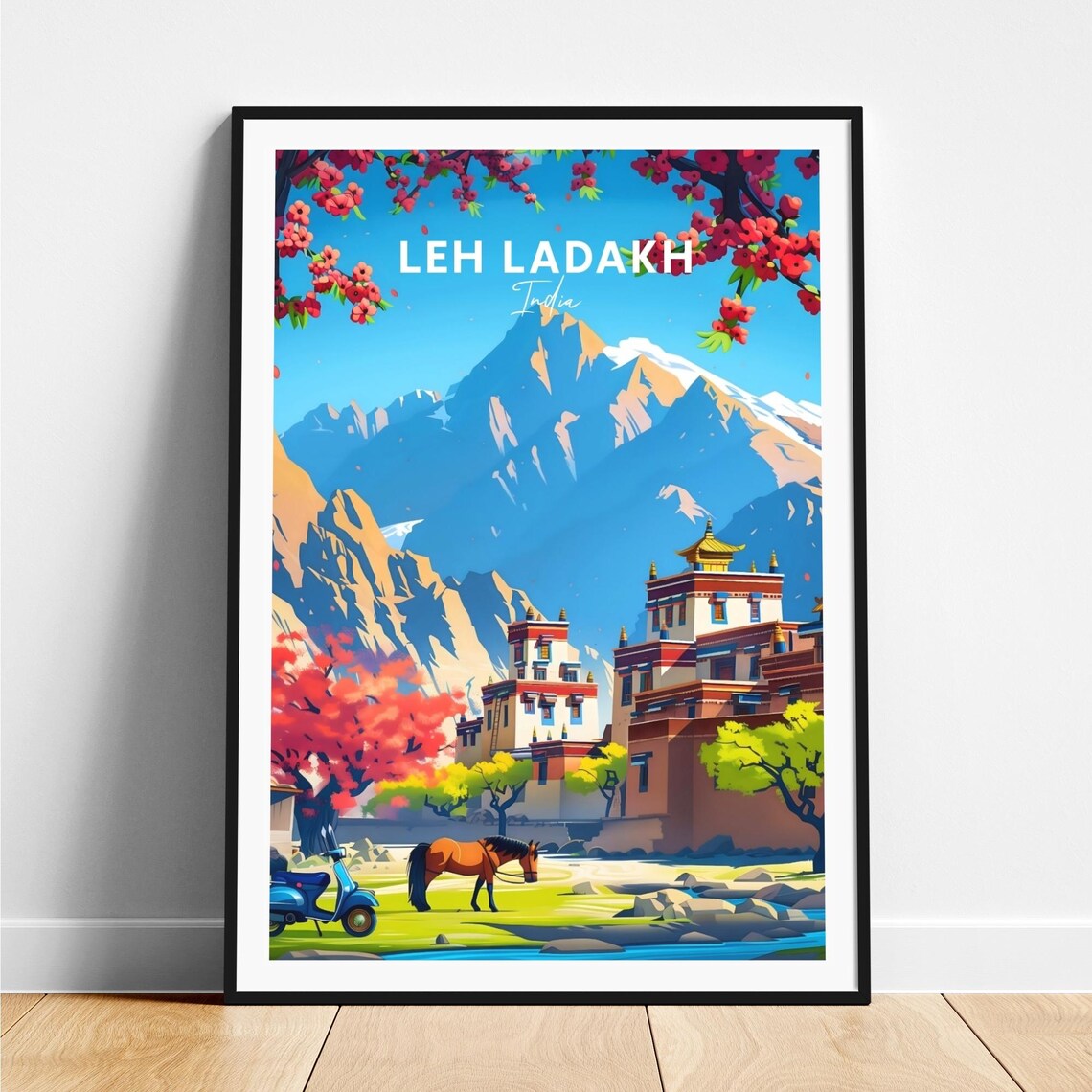 Leh Ladakh India Monastery Mountains Horse Blossom Trees Travel Poster