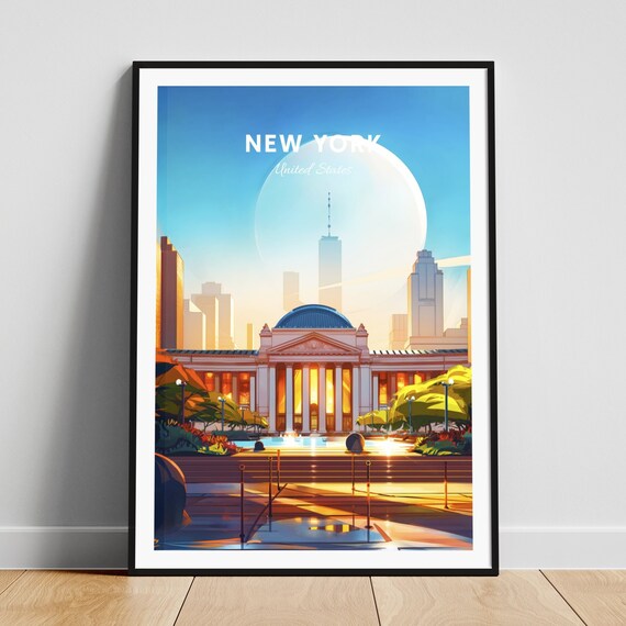 New York Classical Columned Building Dome Moon Vintage Travel Poster