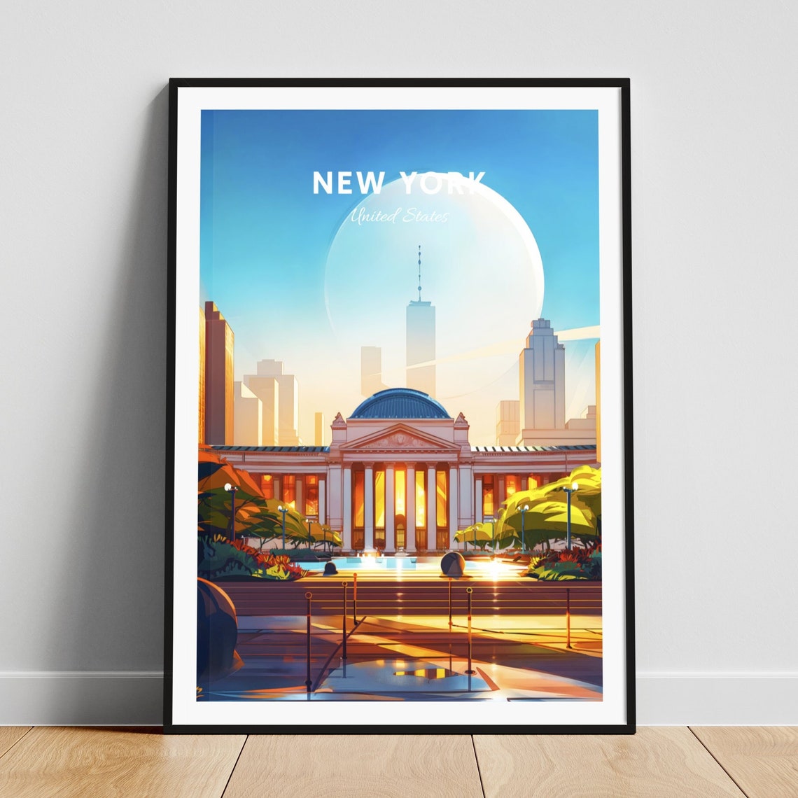 New York Classical Columned Building Dome Moon Vintage Travel Poster