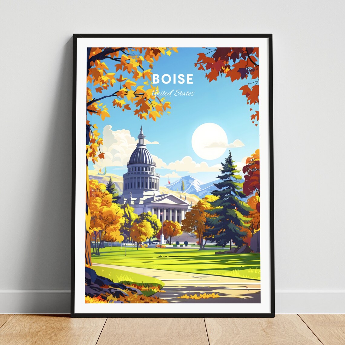 Boise Idaho Capitol Building Under Bright Sun Foothills Travel Poster