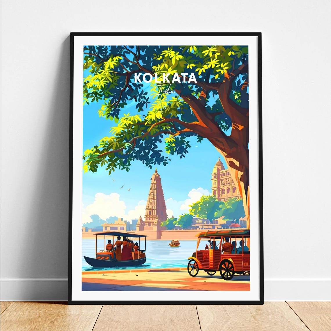 Kolkata India River Boat Temple Tower Rickshaw Riverside Travel Poster