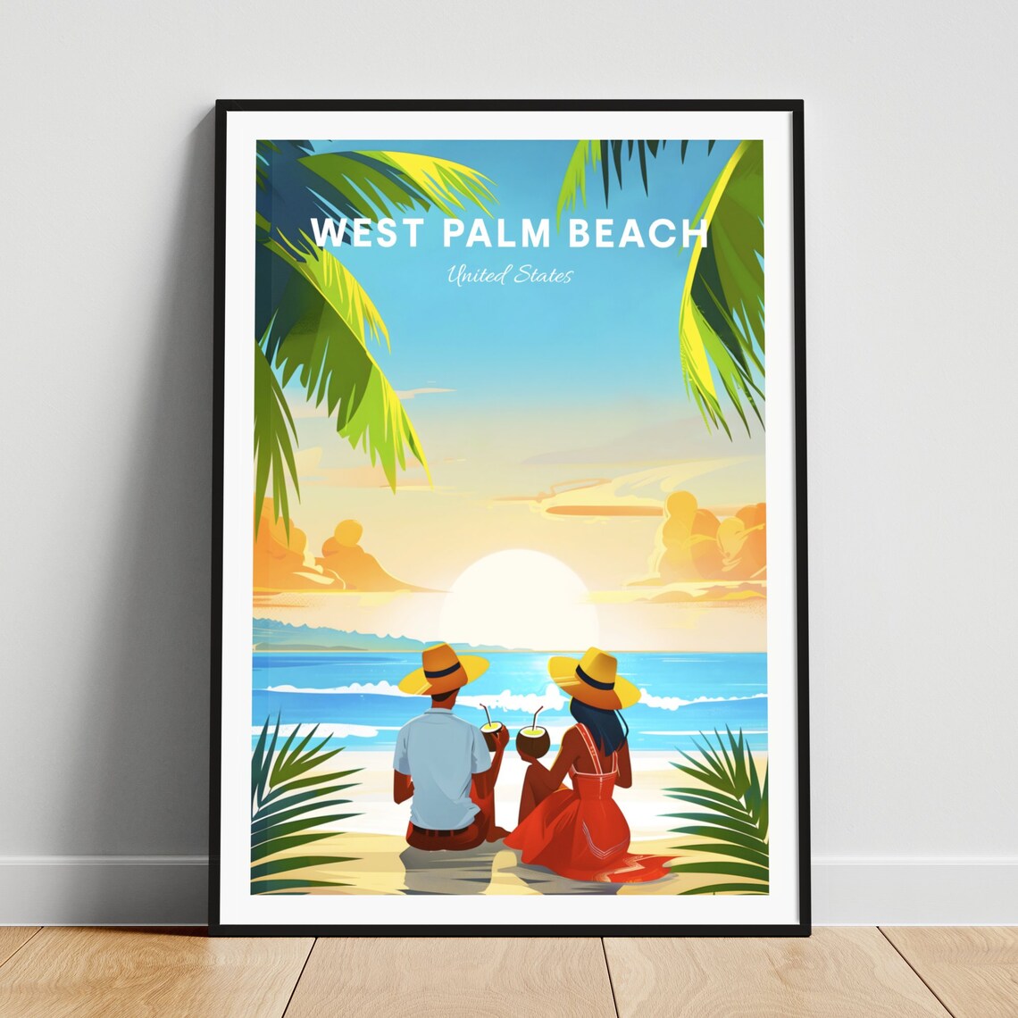 West Palm Beach Florida Couple Beach Sunset Coconut Travel Poster