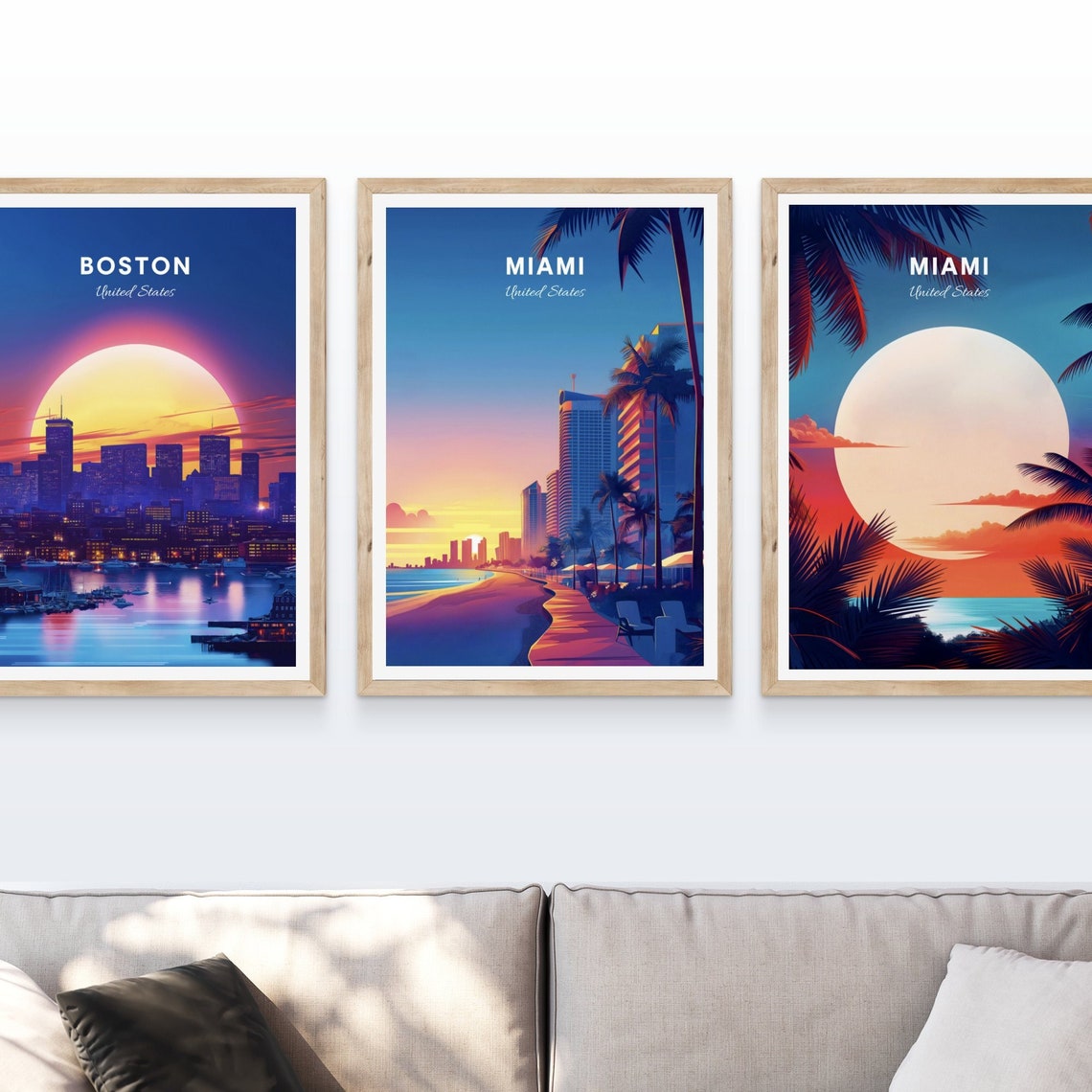 Miami Florida Beach Boardwalk Palm Trees Sunset Skyline Travel Poster - Image 4