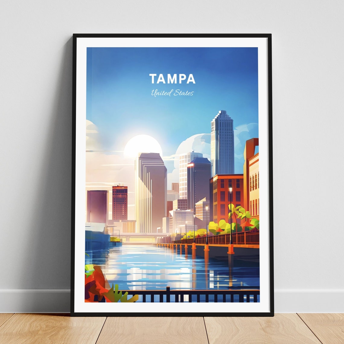 Tampa Florida Riverwalk Downtown Skyline Sunny Day Travel Poster Art
