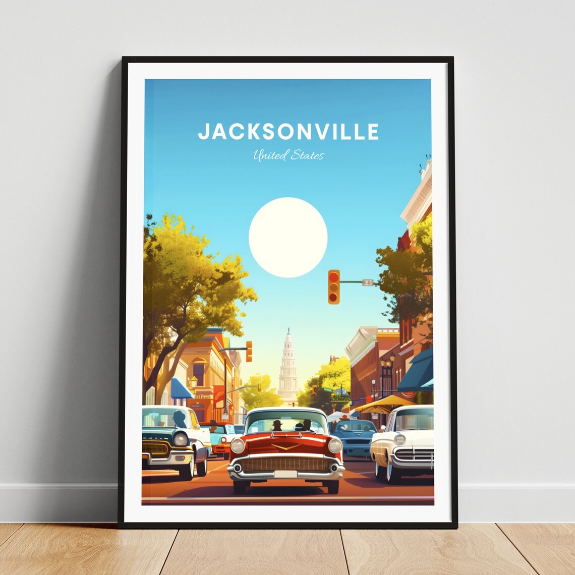 Jacksonville Florida Classic Cars Sunny Street Travel Poster