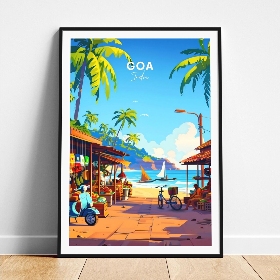 Goa India Beach Market Stalls Sailboat Palms Blue Day Travel Poster
