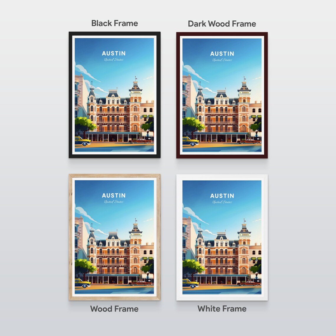 Sunny Austin Texas Historic Hotel Facade with Vintage Cars Poster - Image 2