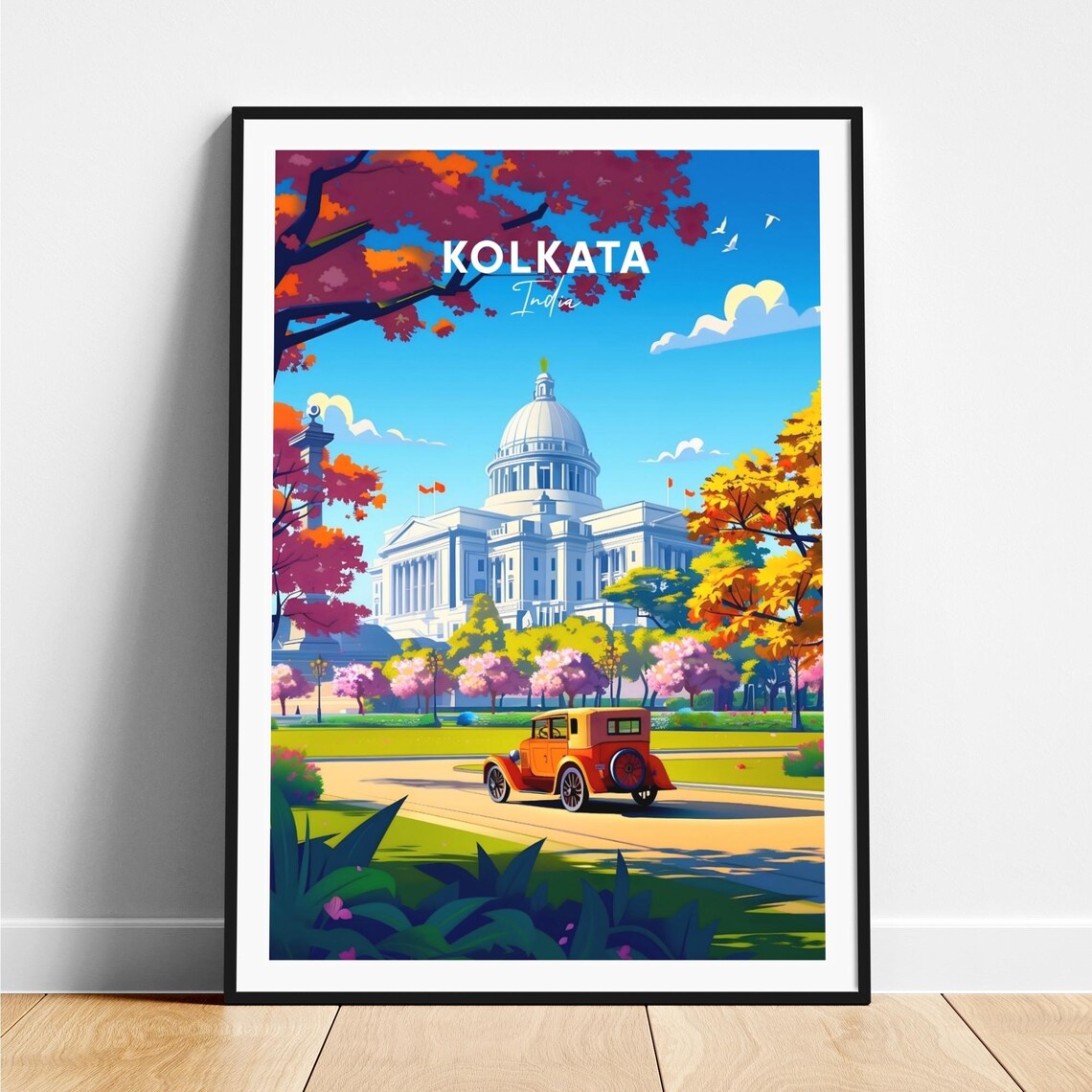 Kolkata India White Domed Palace Classic Vintage Car Travel Poster