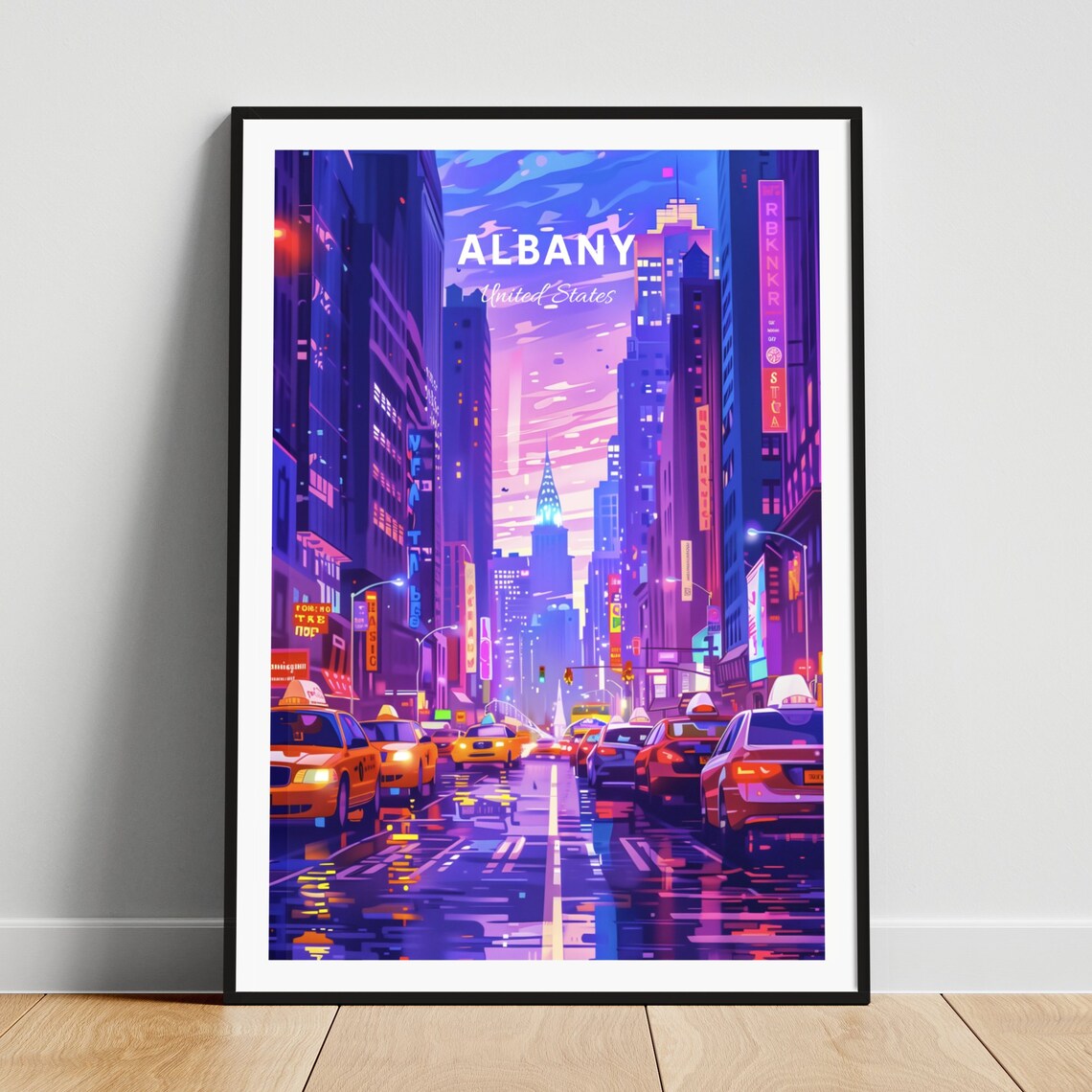 Albany New York Neon Taxi Night Street After Dark Travel Poster
