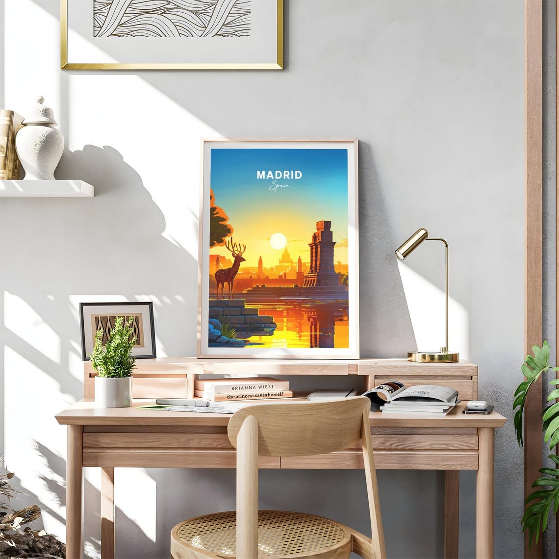 Madrid Sunset Skyline Deer Water Reflection Orange Glow Travel Poster - Image 4
