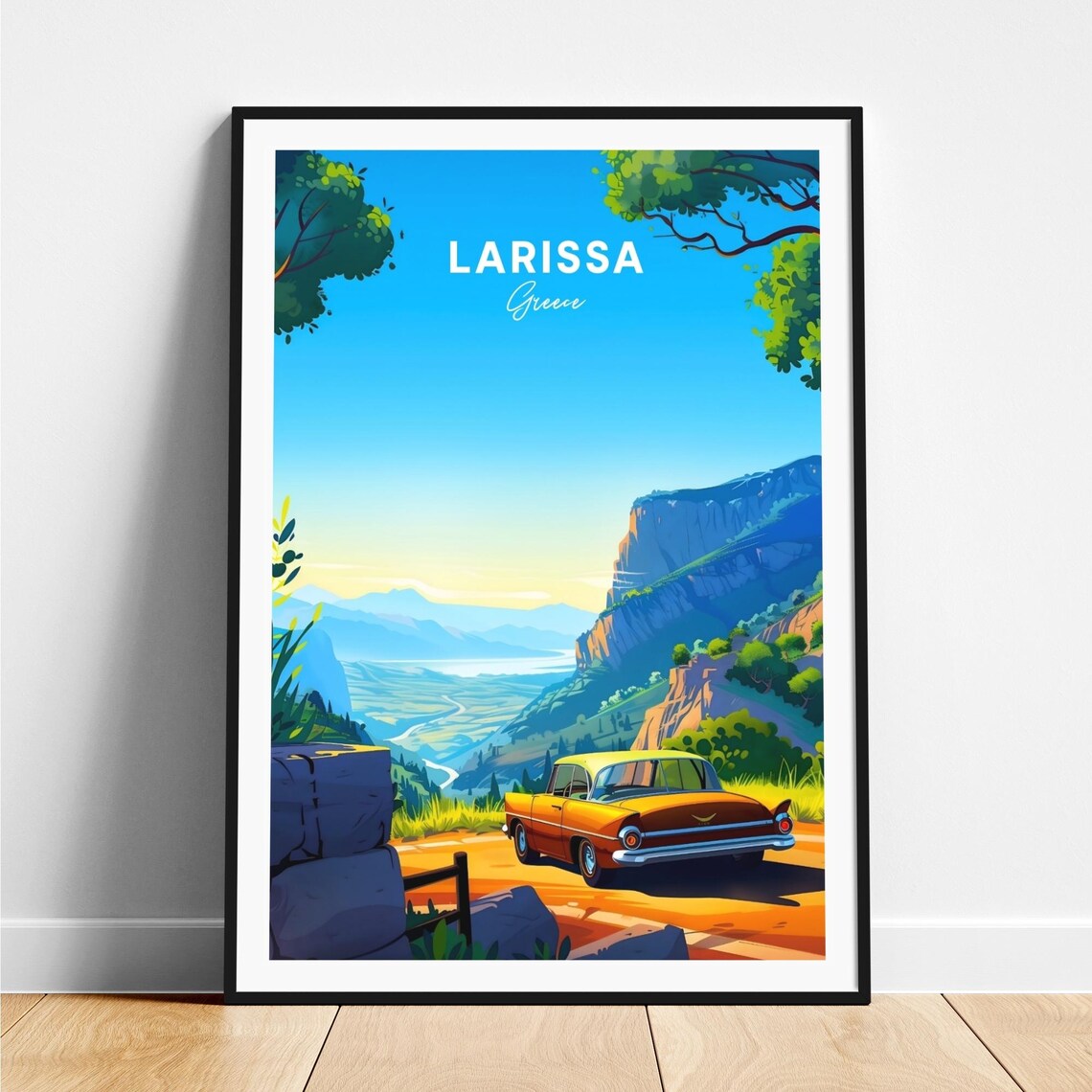 Larissa Greece Mountain Road Classic Car Valley View Travel Poster