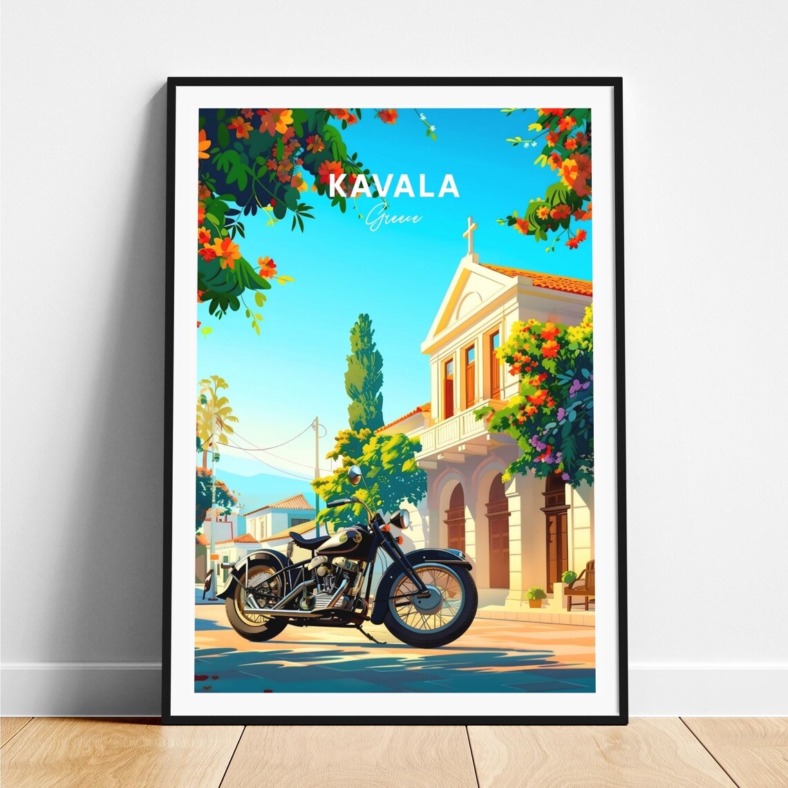 Kavala Greece Black Vintage Motorcycle by Church and Flowers Poster