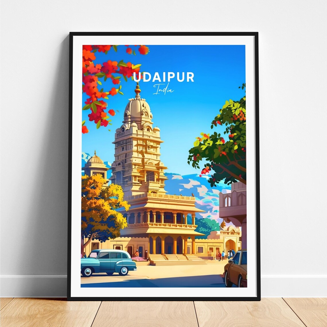 Udaipur Temple Tower Vintage Cars Blossoms India Travel Poster