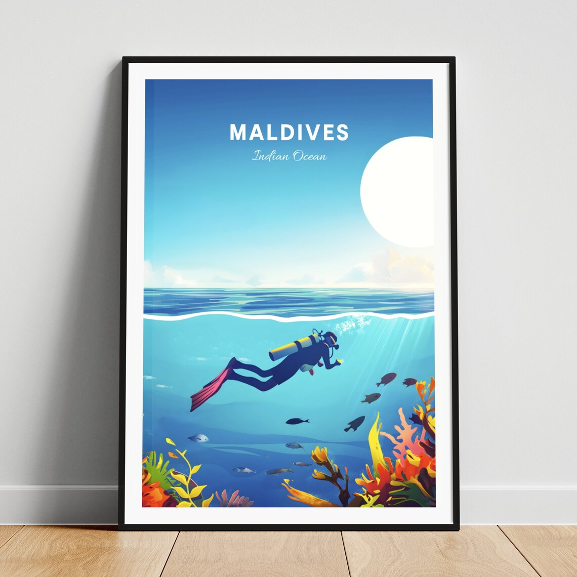 Maldives Scuba Diver Coral Reef Underwater Ocean Dive Travel Poster