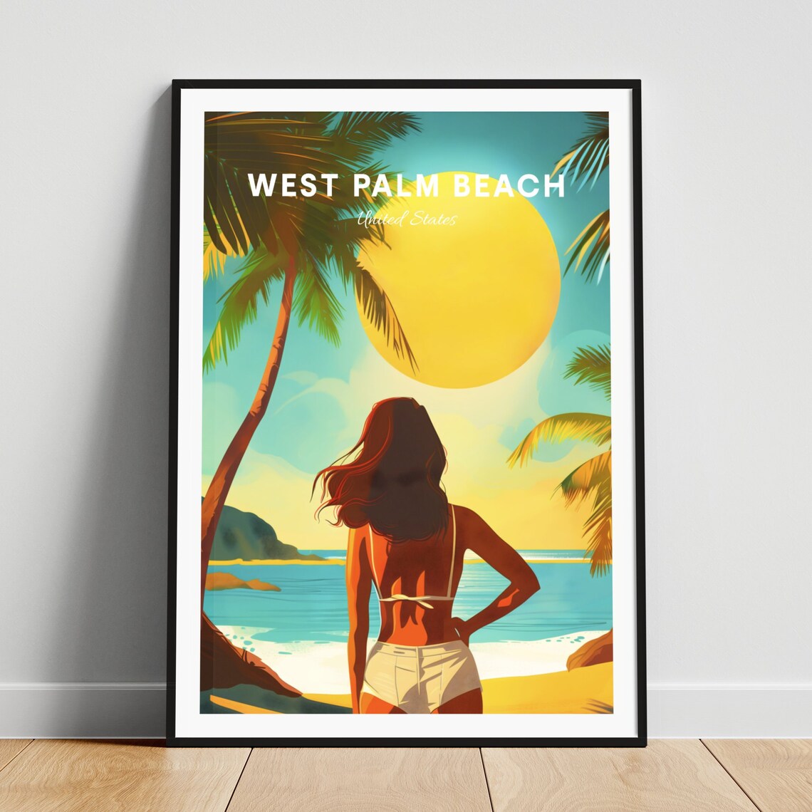 West Palm Beach Florida Tropical Woman Beach Sunset Travel Poster