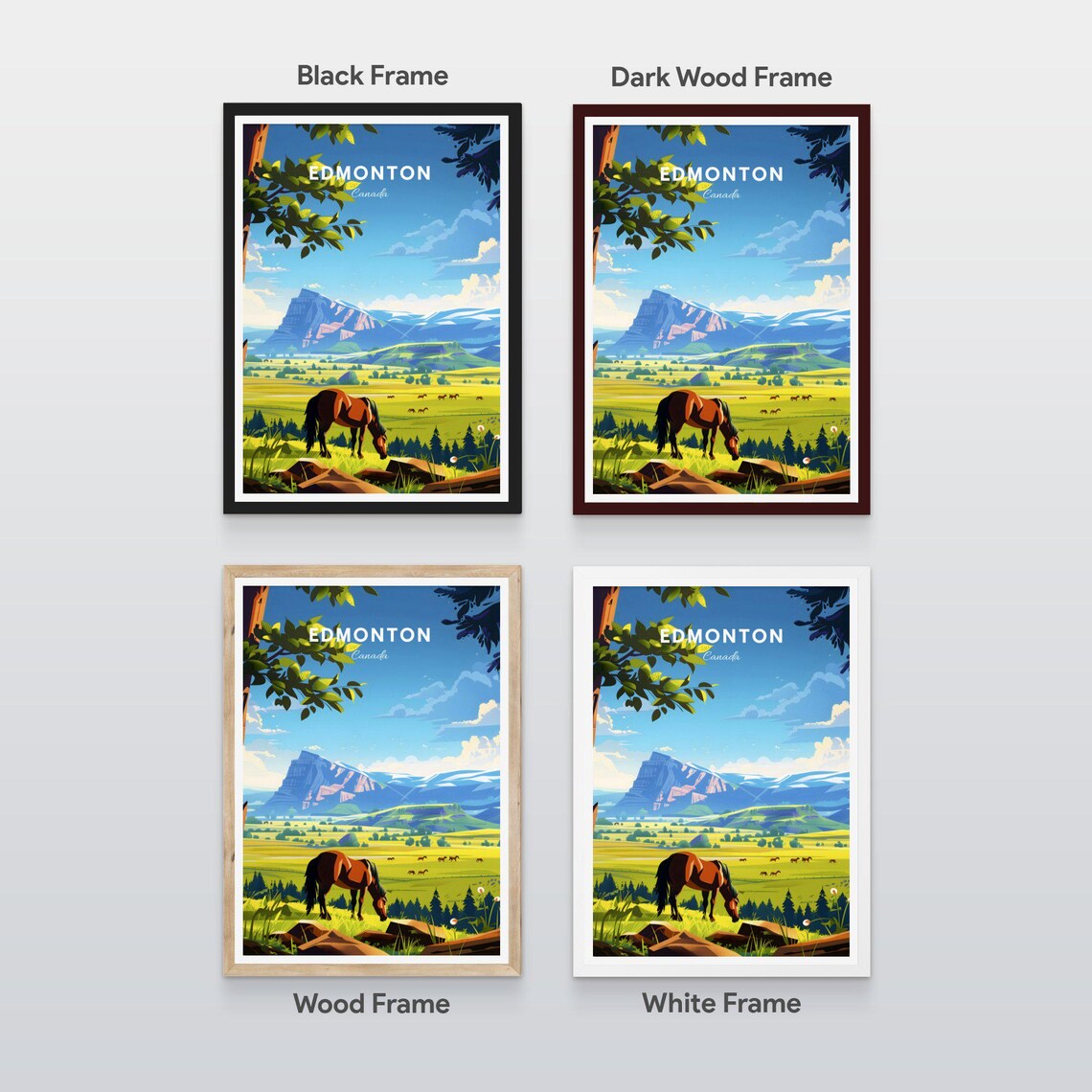 Edmonton Canada Horse Grazing Green Meadow Mountains Travel Poster - Image 2