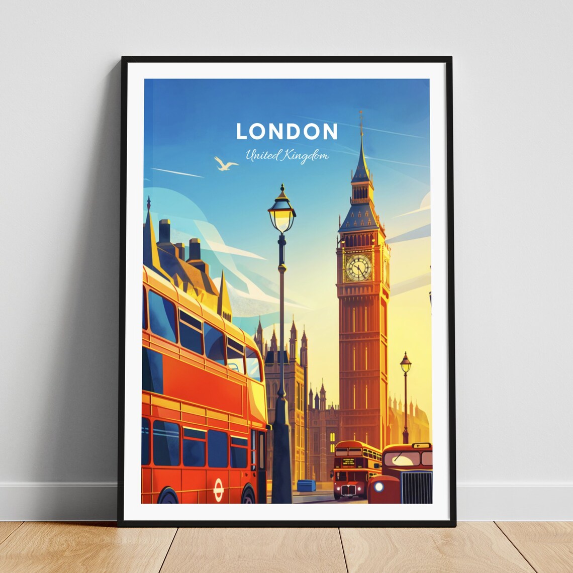 London United Kingdom Big Ben Red Double Decker Bus Scene Poster