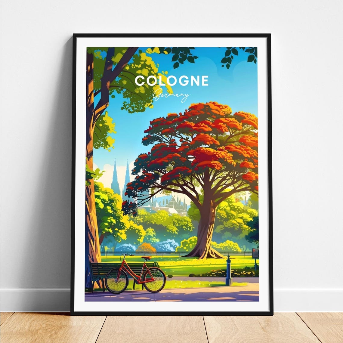 Cologne Sunny Park Autumn Tree Bicycle Germany Travel Poster