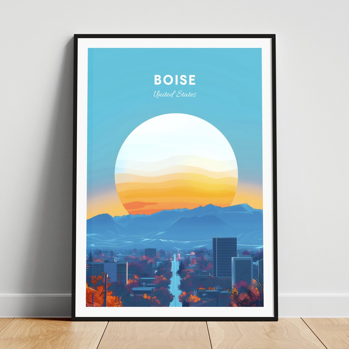 Boise Retro Sun Poster: Giant Sunset Over the Autumn City Skyline