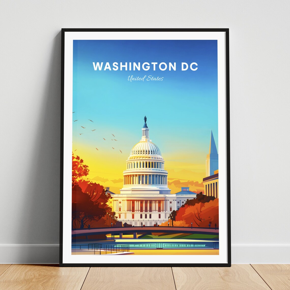 Washington DC US Capitol Sunrise Birds Autumn Trees Travel Poster