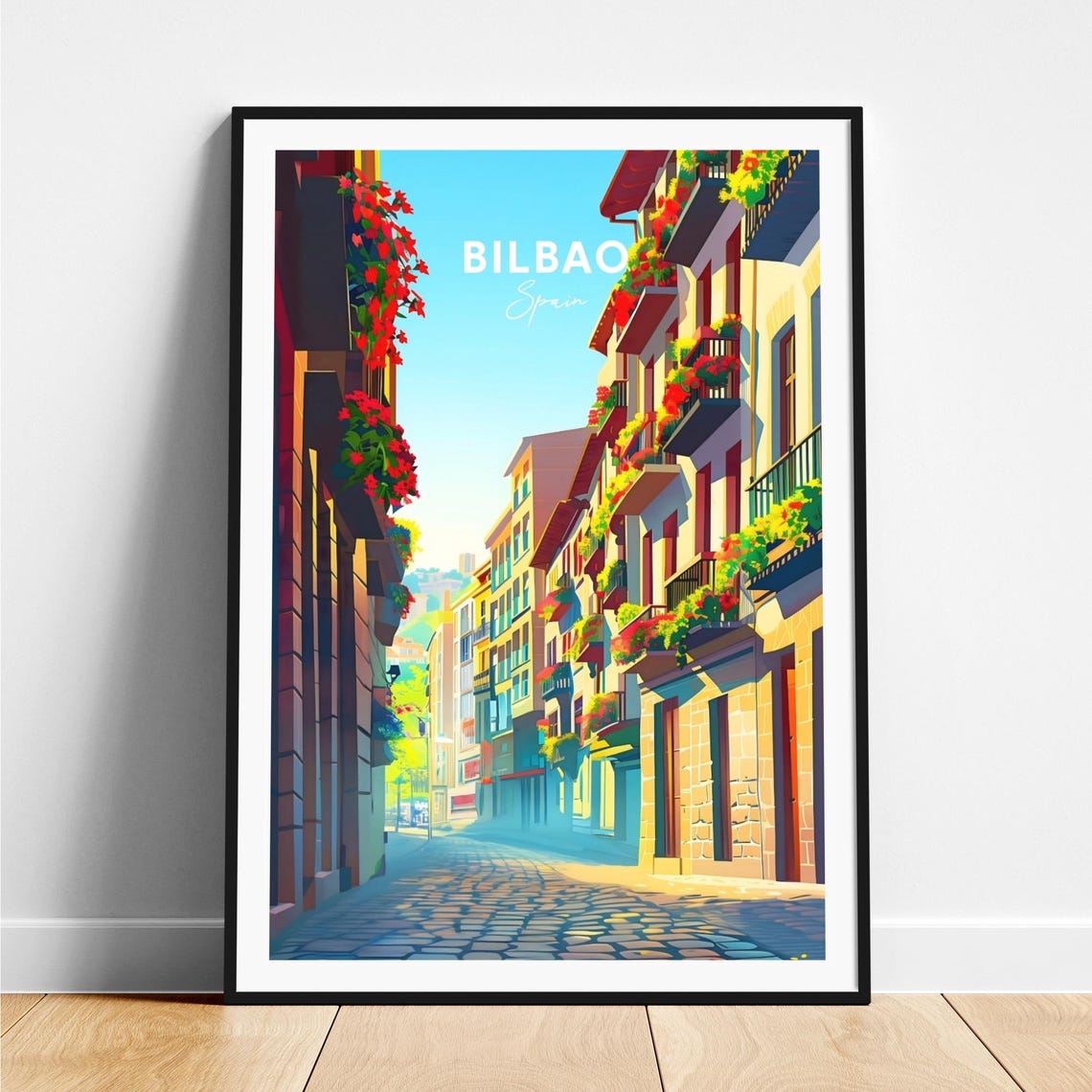 Bilbao Narrow Old Town Street Flower Balconies Sunlit Travel Poster
