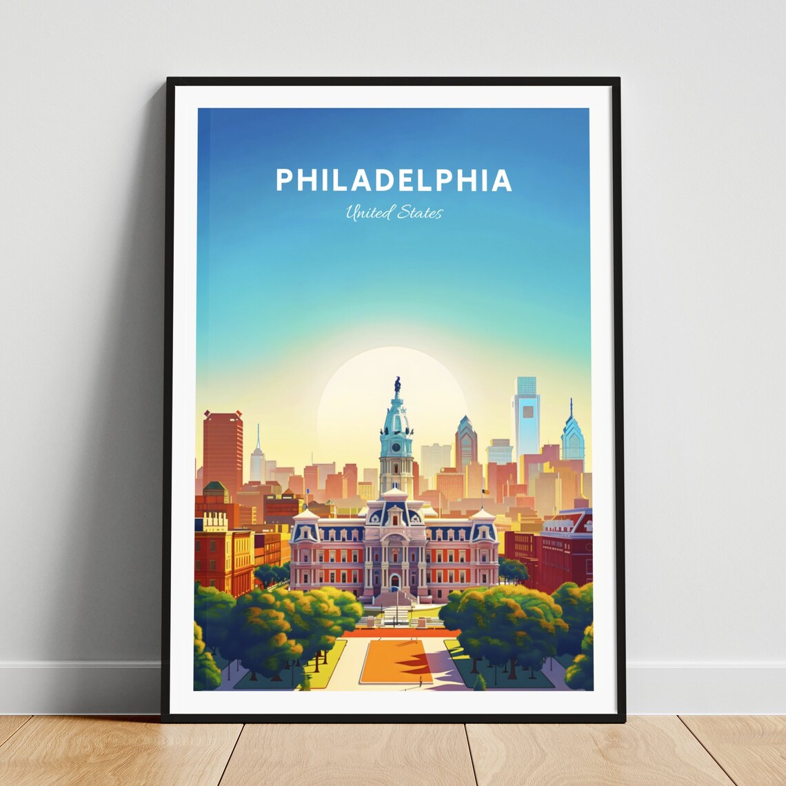 Philadelphia Pennsylvania City Hall Skyline Sunrise Travel Poster